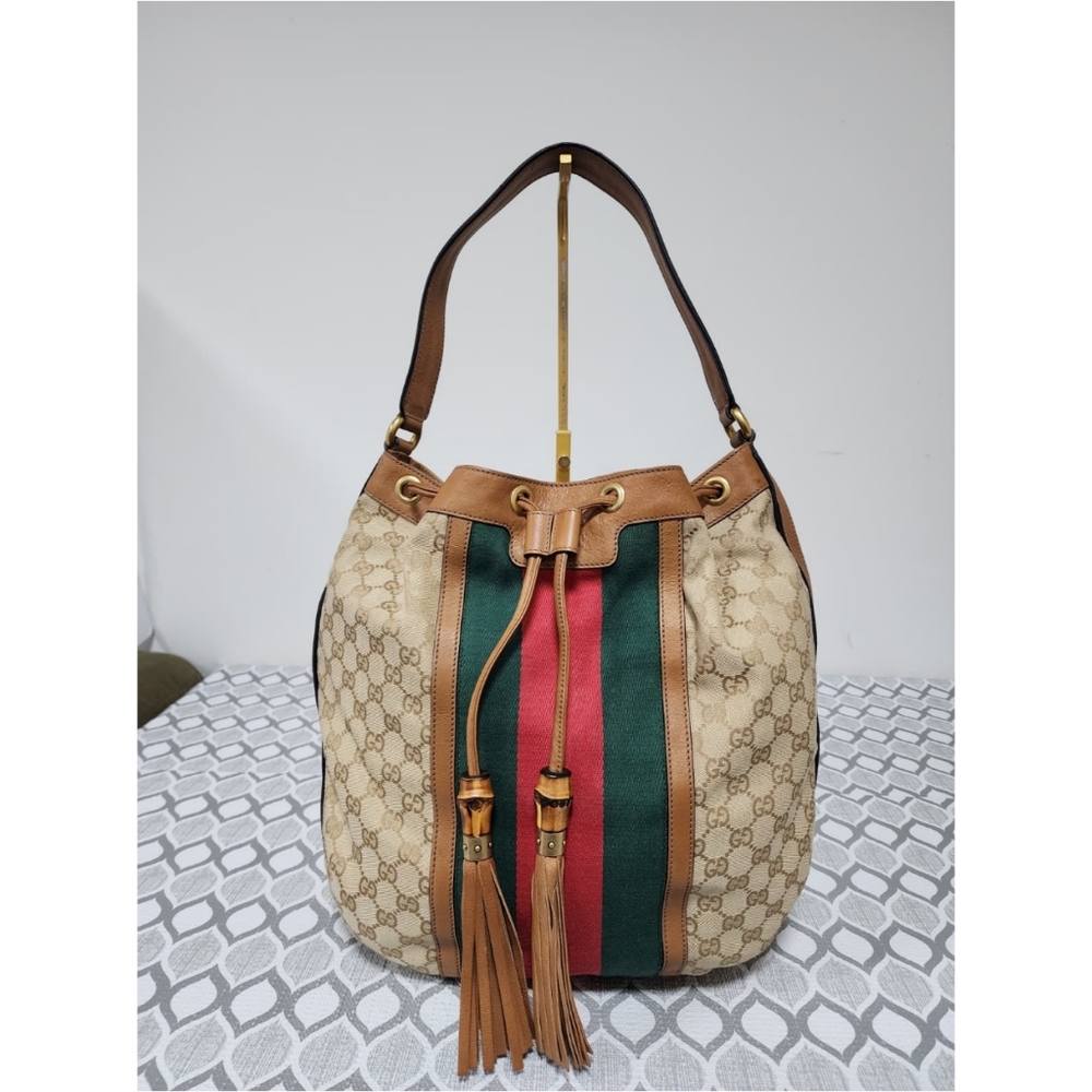 Gucci GG Canvas Web Rania Bucket Bag Brown/Beige - Picture 8 of 15